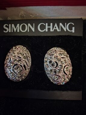 Simon Chang Silver-Tone Filigree Oval Clip-On Earrings with Crystal Accents